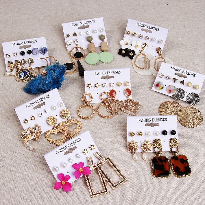 1set 6pasang Anting Wanita korea GIWANG Tusuk Gantung Bohemia Desain Geometri Hias Rumbai Alloy Wanita ANT31-1