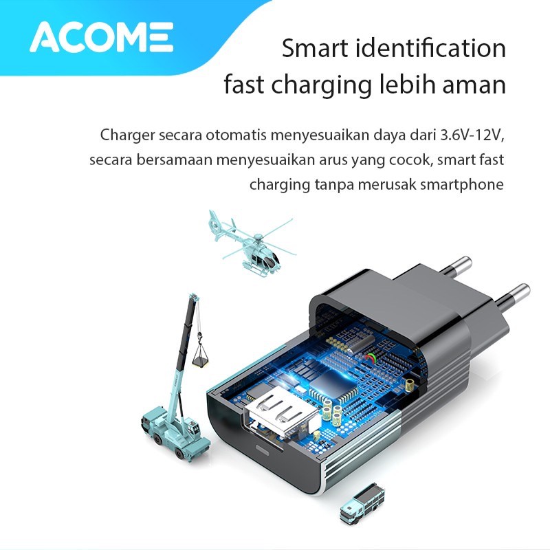 ACOME AC01 Charger Original 3A QC3.0 Fast Charging Micro USB Type-C OPPO iPhone Garansi Resmi 1 Thn