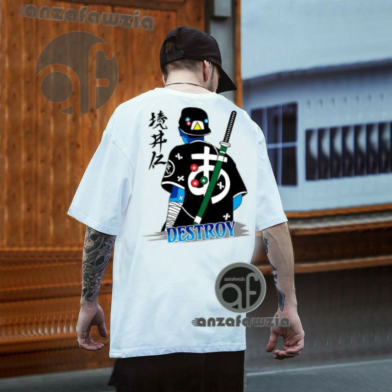 Anzafawzia Kaos distro Pria COD // KAOS PRIA SAMURAI DESTROY NINJA WARNA PUTIH/Grosir Atasan kaos Pr