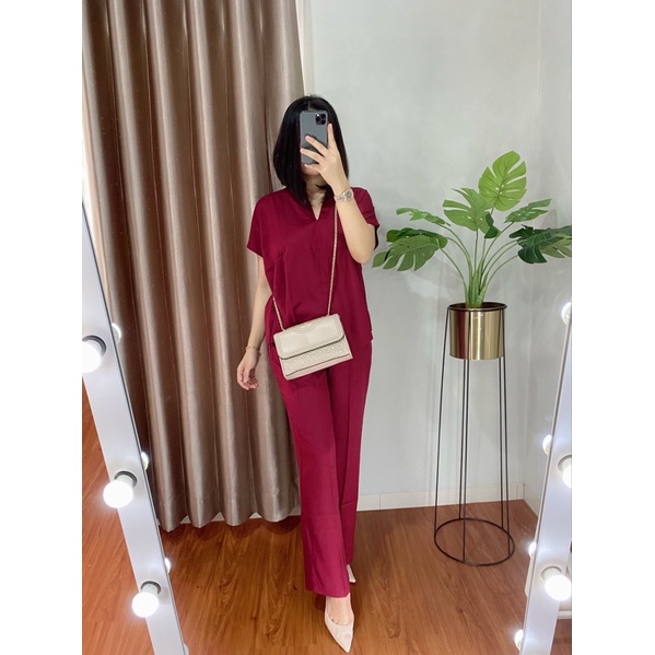 ONE SET TWILL PIYAMA SET TWILL/PAJAMAS/DAILY ONE SET/SETELAN / SETCEL / KEMEJA RAYON / RAYON TWILL-maroon (RAYON TWILL)