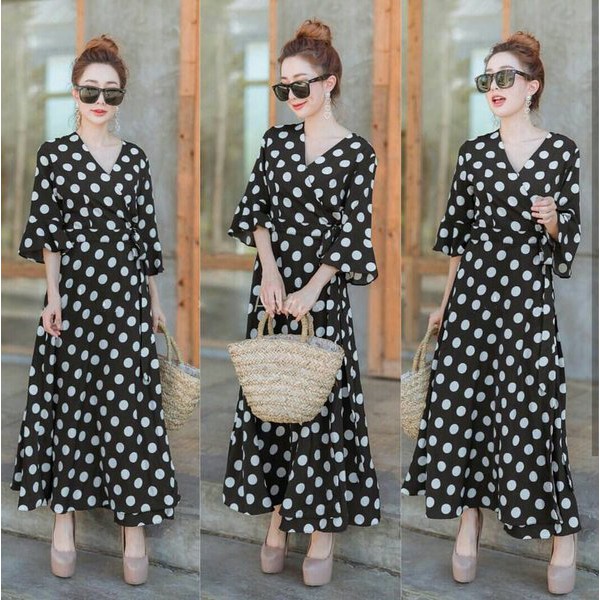 Pakaian Wanita f2sq 1173 dres wnt lgn pnjng hitam Maxy kokoro polka katun rayon XL blkg sleting