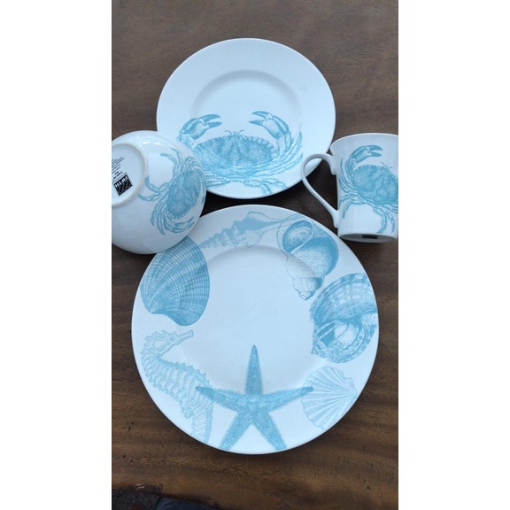 SET 16 PIRING SANGO DINNER & SALAD MOTIF SEASHELL BLUE