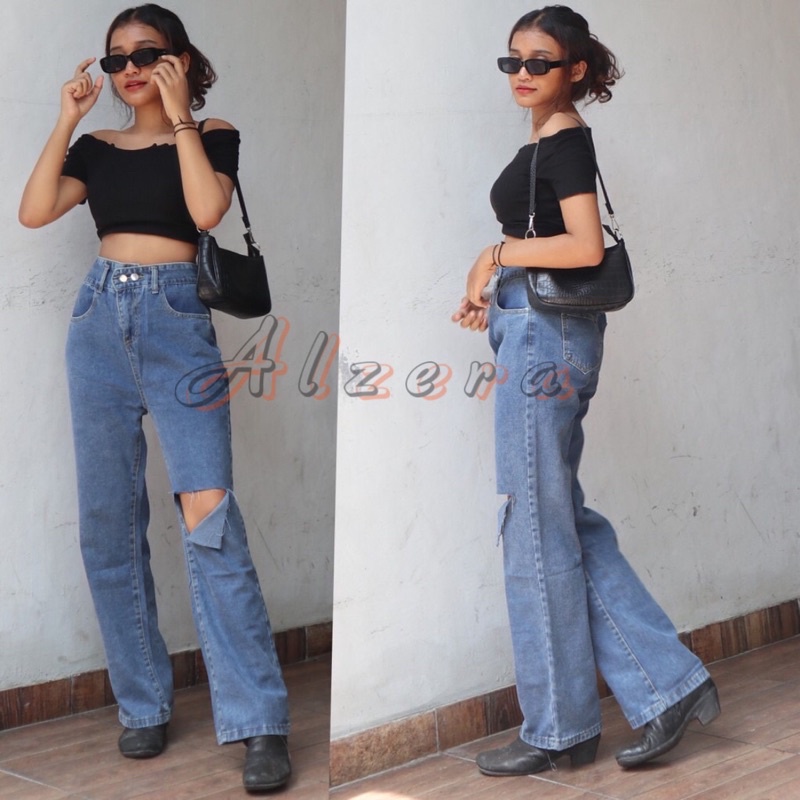 HIGHWAIST JEANS PREMIUM SOBEK LUTUT SNOW WASH ACID TERBARU 2022 BY ALZERA