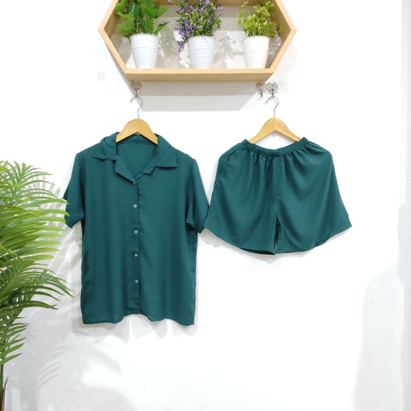 PIYAMA KANCING PENDEK | PIYAMA RAYON | BAJU TIDUR RAYON-KCB HIJAU BOTOL
