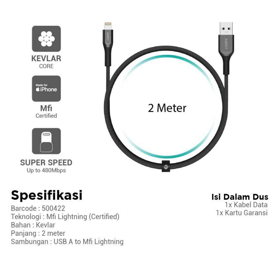 AUKEY CB-AKL2 - IMPULSE TITAN AL - USB to Lightning Kevlar Cable - 2M - Kabel Lightning dari AUKEY