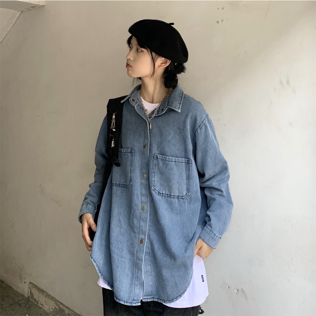 Kemeja denim longgar lengan panjang model retro korea untuk wanita