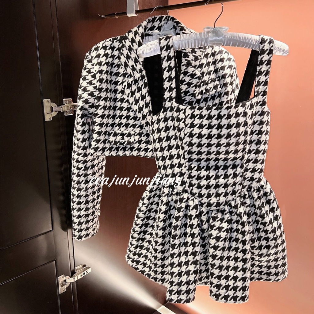 2022 musim semi houndstooth wanita lengan panjang kardigan mantel + suspender gaun rok tutu setelan