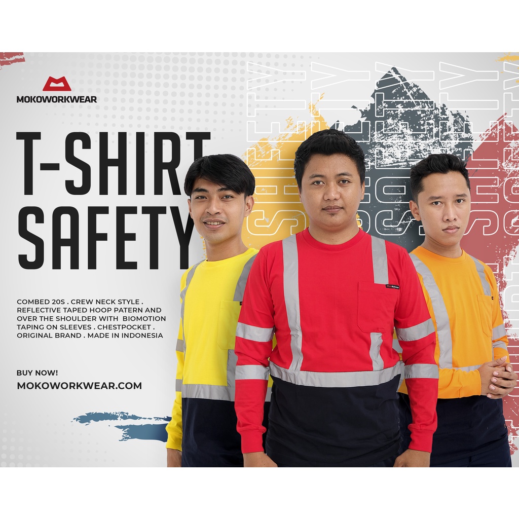 Kaos safety first lengan panjang sambungan bahan katun pakaian kerja proyek, lapangan, tambang, mini