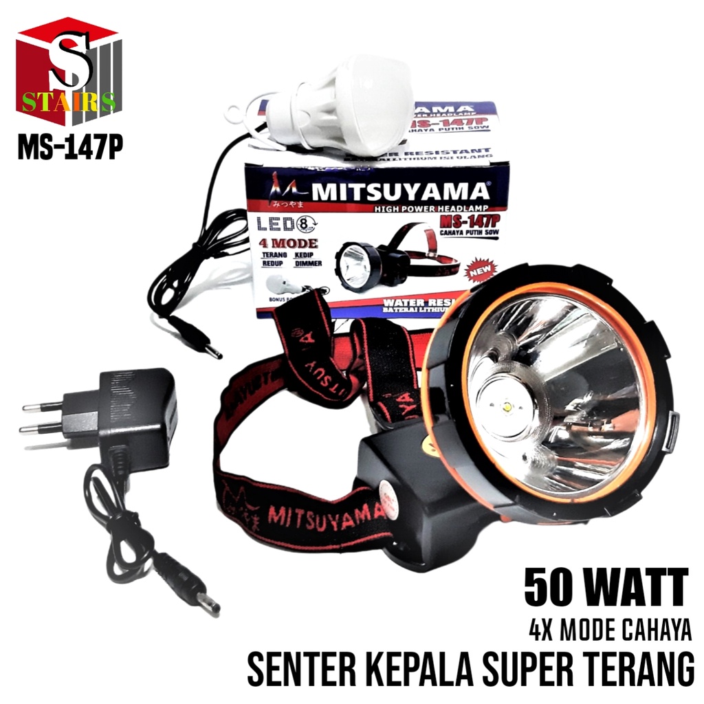 Terlaris Super Terang Senter Kepala LED Plus Bohlam Gantung 4x Mode Cahaya Putih Dan SOS MS147P