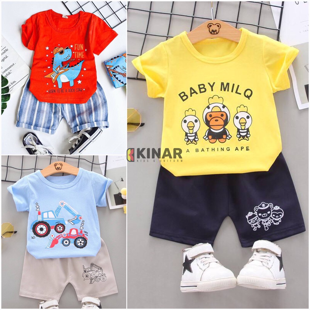 SETELAN BAJU KAOS ANAK LAKI-LAKI MOTOR BASKET SHARK DINO BAYI COWOK KARAKTER KARTUN UMUR 0 BULAN 1 2