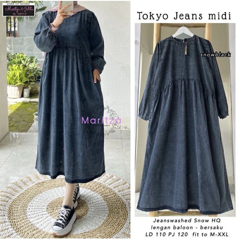 Tamstore Midi Dress Jeans Denim Lengan Panjang