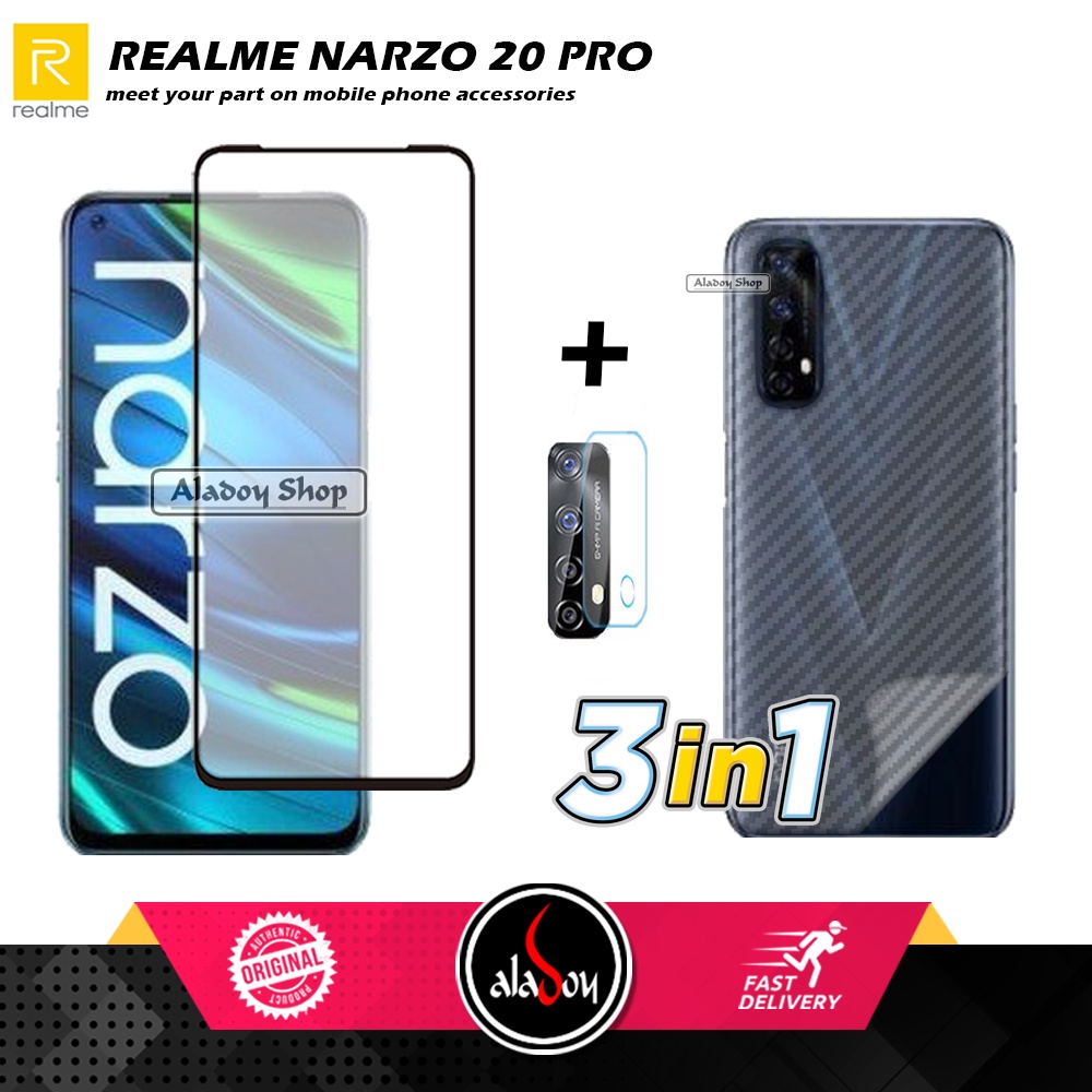 PAKET 3 IN 1 Tempered Glass Layar Realme Narzo 20 Pro Free Tempered Glass Camera dan Skin Carbon