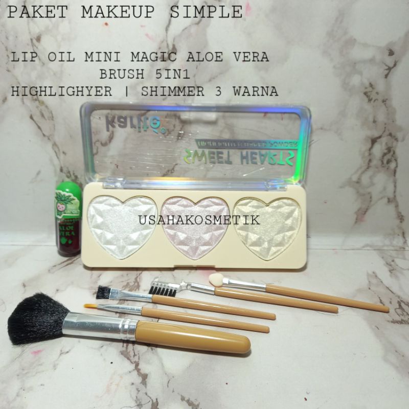 PAKET MAKEUP SIMPLE 3IN1 HIGHLIGHTER 3WARNA + LIP OIL MINI + BRUSH Make up 5in1 ]