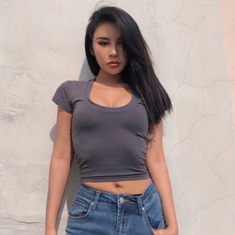 【LIVIAHOME】Summer  Fashion High Waist O-neck Crop Top Soft T-shirt 7463