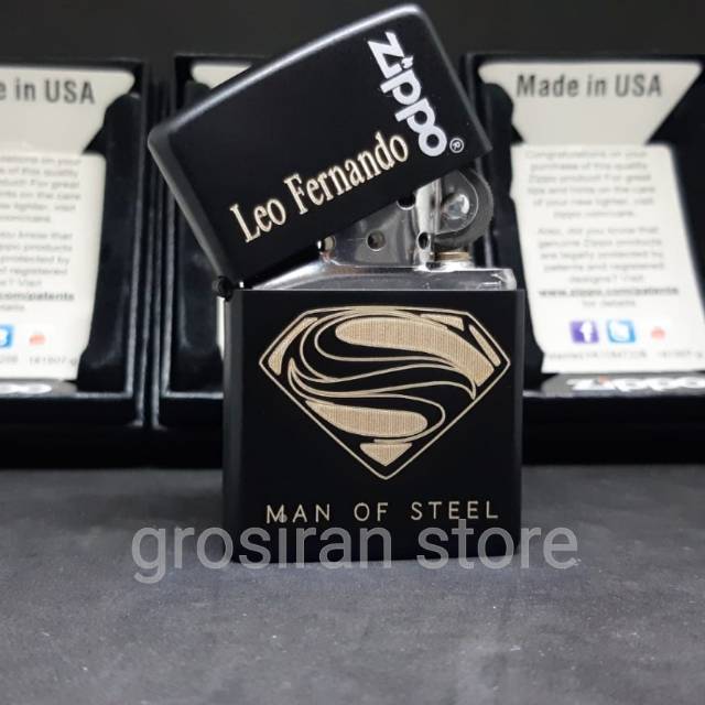 Zippo superman custom logo tulisan nama ukir grafir hitam