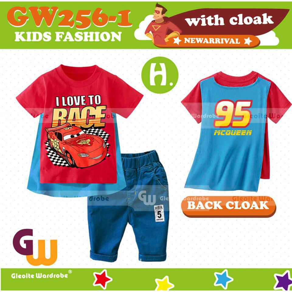 Baju Setelan Anak Cars Mc Queen Love Race Warna Merah Kaos Bersayap Karakter Cars Impor Celana Biru