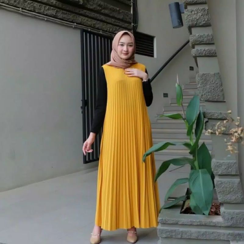 Long Dress Plisket / Plisket Alexa Sleveeless Della Kuntung Tanpa Lengan