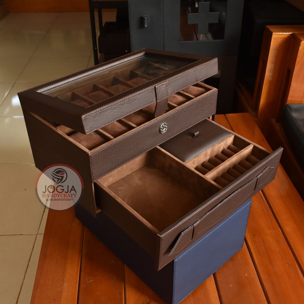 Watch Box Kotak Jam Tangan isi 12 mix Laci Tempat Perhiasan Coklat Full