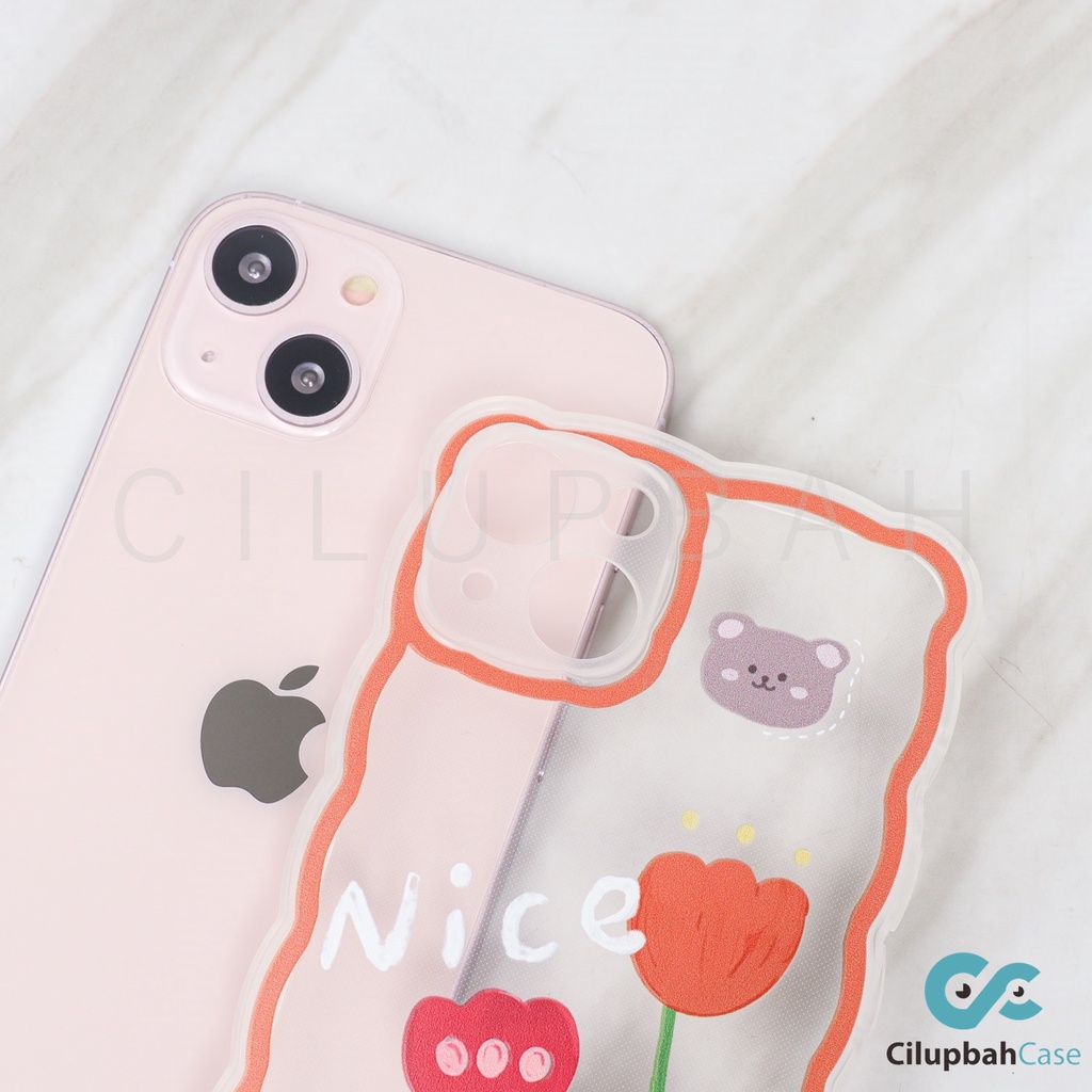 Clear Softcase Big Flowers Bear and Bunny Wavy Side Full Lens Cover For iPhone 7 8 SE XR XS MAX 11 12 13 MINI PRO MAX