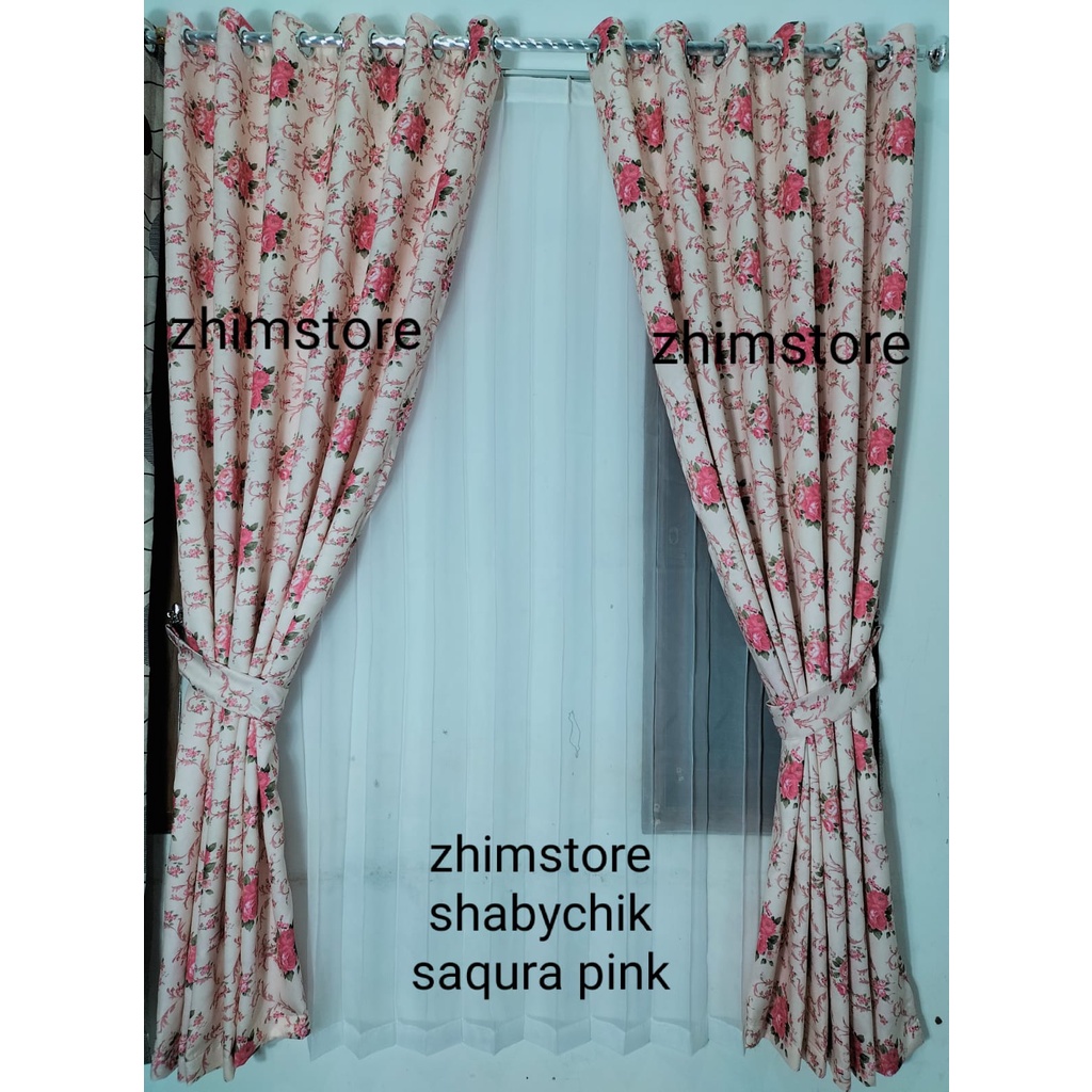 gorden jendela minimalis motif bunga pink