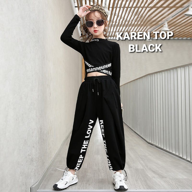 KAREN TOP BLACK / BAJU CASUAL ANAK PEREMPUAN / CROP TOP REMAJA KOREA IMPOR BLACK HIP HOP