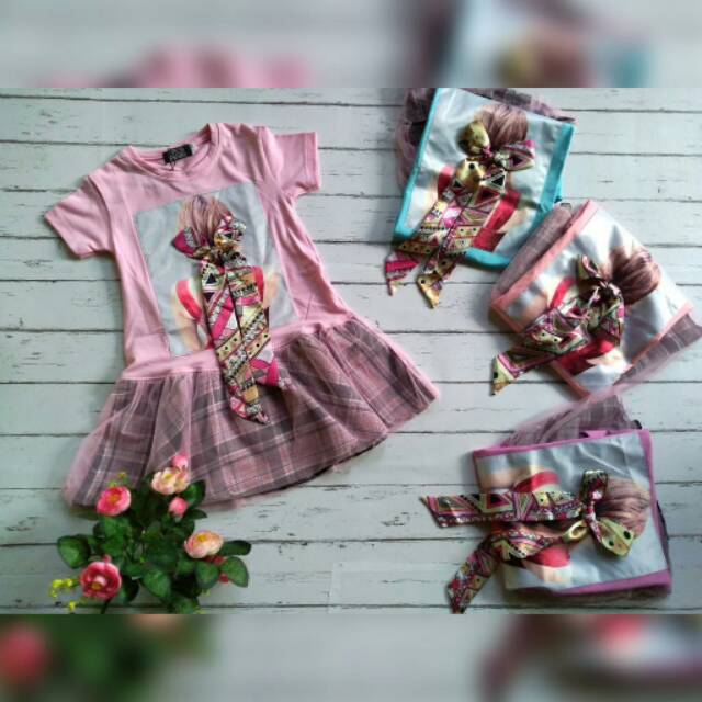 Dress anak perempuan pita bahan kaos kombinasi tile size 10121418