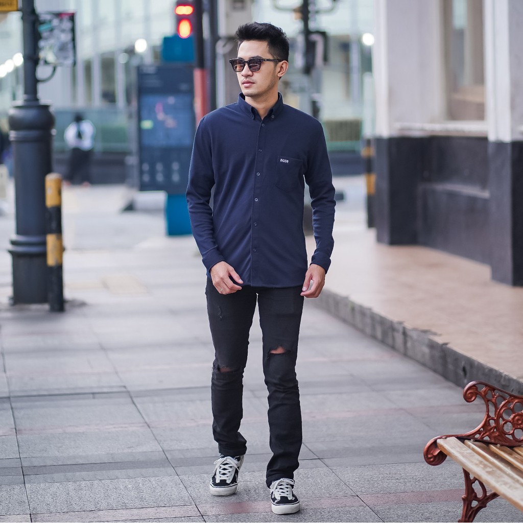 Kemeja Pria BGSR Navy Material CVC Premium Quality