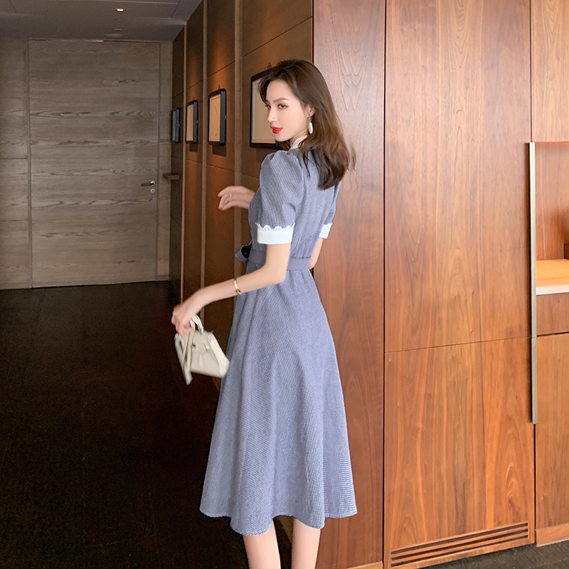 【Rozen】Short Sleeve Spliced Turn Down Collar Casual Dress  7333