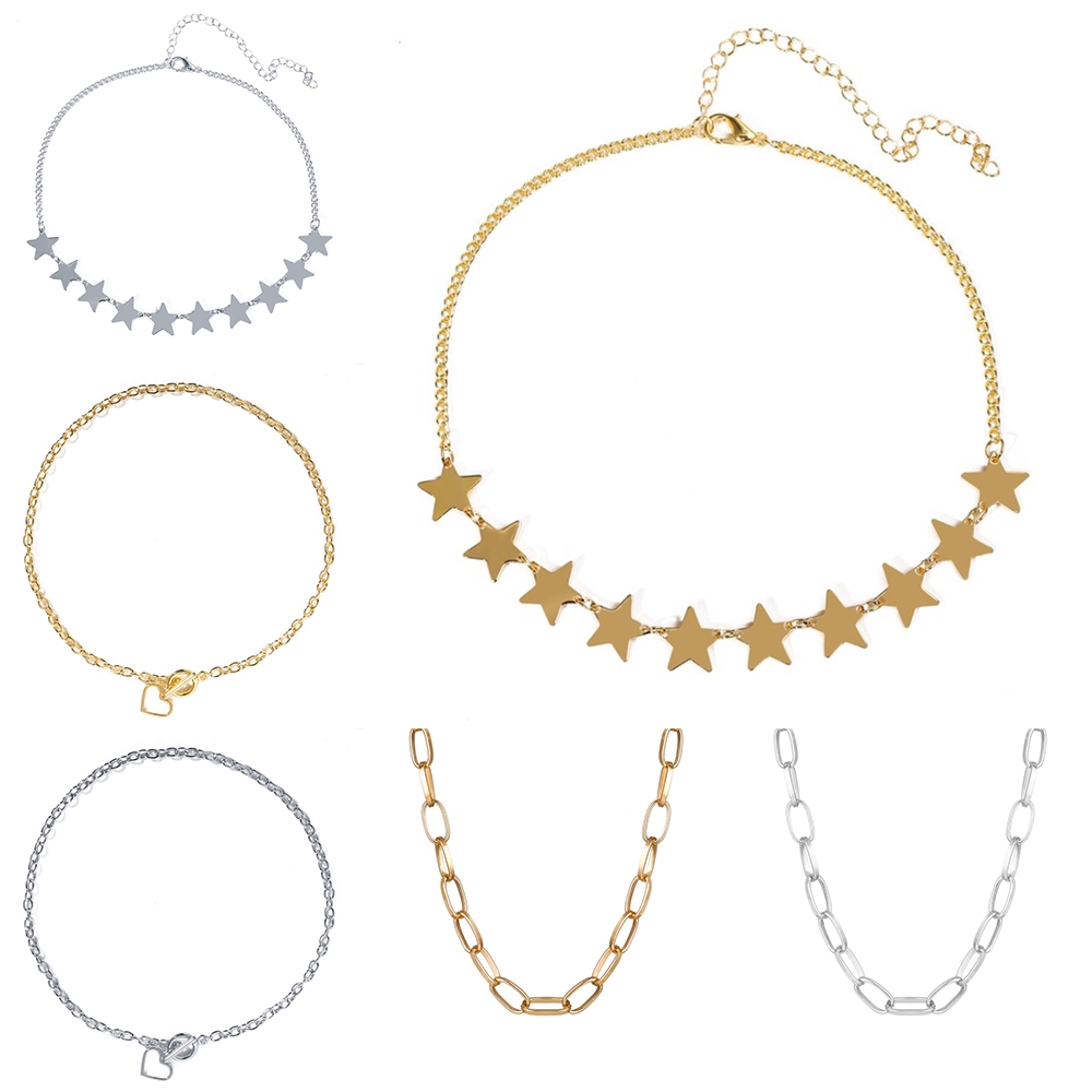 YEEZII Kalung Rantai Warna Gold Dan Silver Aksen Bintang Gaya Korea Untuk Wanita