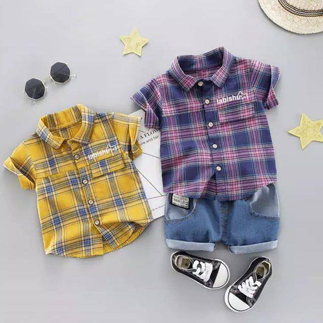 Set Baju Atasan Motif Kotak-Kotak Kuning Pink