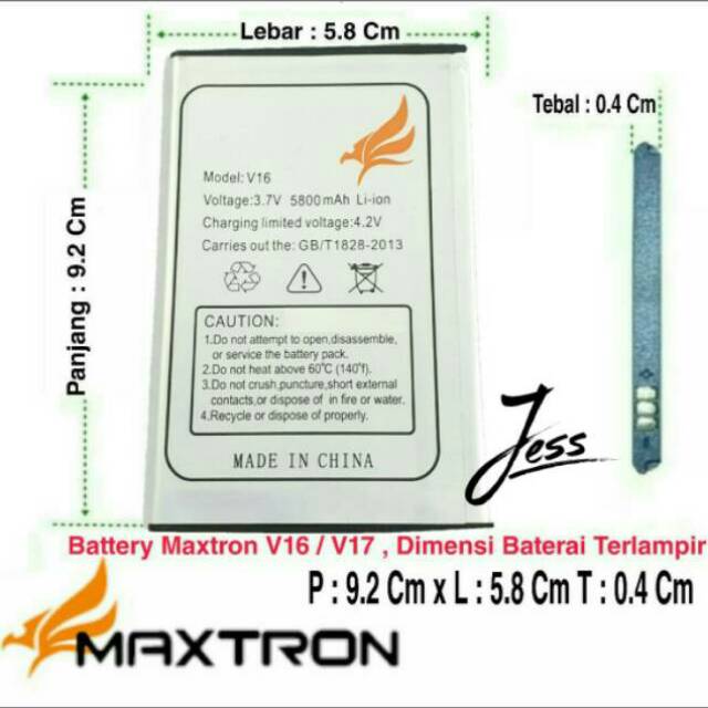 Baterai Battery Batre Original MAXTRON V16 / V17 Panjang 9.2 cm Lebar 5.8 cm Tebal 0.4 Cm