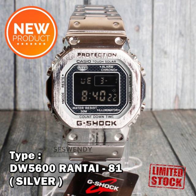 MODEL TERBARU  G-SHOCK Rantai Besi DW5600 Silver Jam Tangan Pria