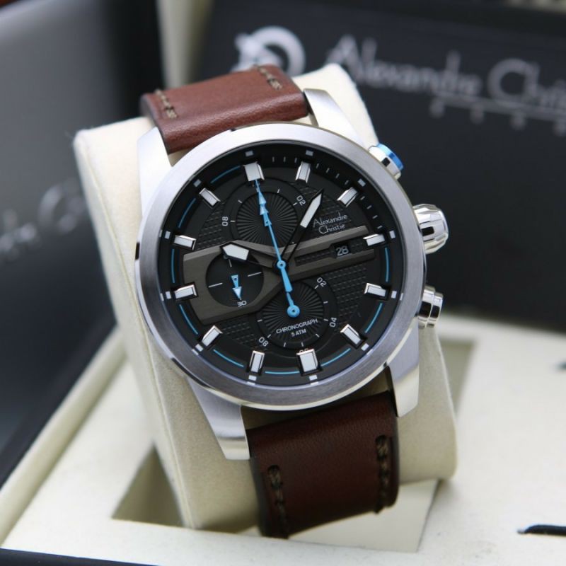 Alexandre Christie AC 6562 Silver Plat Black Leather Brown for Men Original