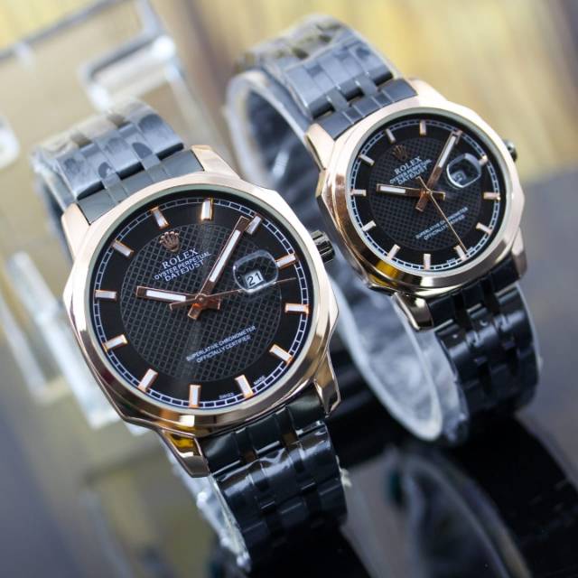 JAM TANGAN COUPLE ROLEX BLACK ROSE GOLD