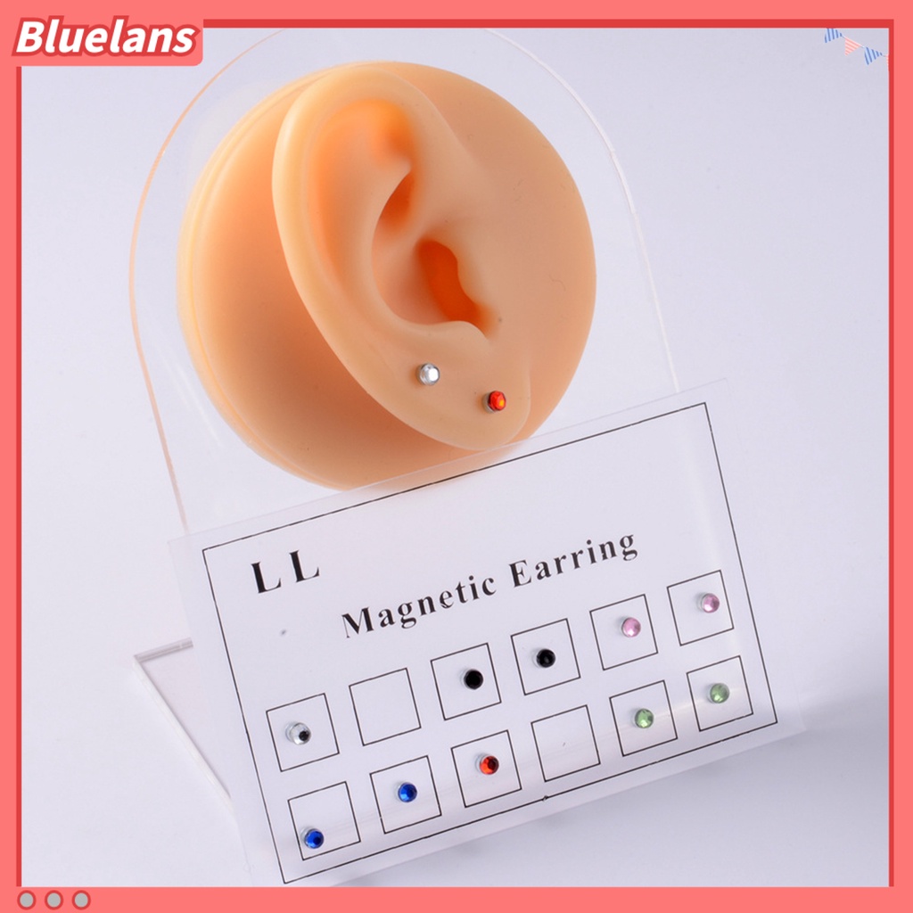 Bluelans 12Pcs Anting Stud Magnetik Berlian Imitasi Permukaan Halus Tanpa Tindik Untuk Wanita