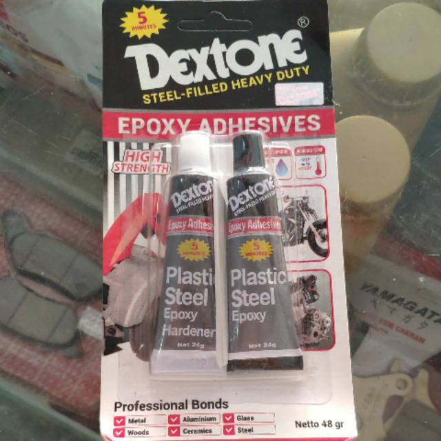 

Lem Campur Hitam Putih Dextone Lem Besi Plastic Steel Epoxy Adhesives 48Gram