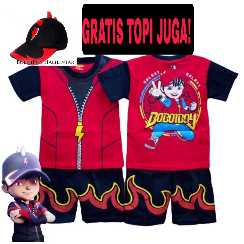 BAJU ANAK LAKI LAKI BOBOIBOY SETELAN GRATIS TOPI / KOSTUM BOBOIBOY HALLINTAR / BAJU BOBOIBOY / KOSTUM BOBOIBOY TOPI