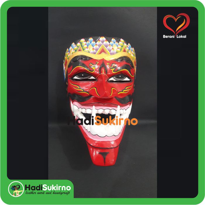 Topeng kayu cakil cat merah taring kecil