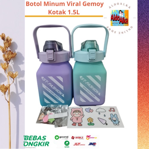 Botol Minum Gemoy Kotak Gradasi Viral 1.5 Liter Free Stiker