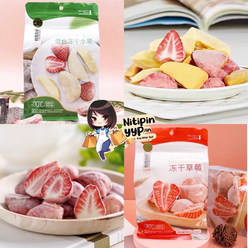 [MUST TRY] Freeze-Dried Whole Strawberry Durian Mango Beku - Cemilan Stroberi Beku, Durian Mangga Beku DongGanCaoMei BaiCaoWei Cemilan China Siap Saji