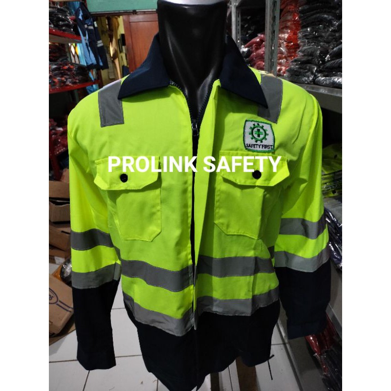 RESLETING BAJU SAFETY WEARPACK SERAGAM KERJA TAMBANG HIJAU STABILO DONGKER NAVY BERLOGO K3 BENDERA