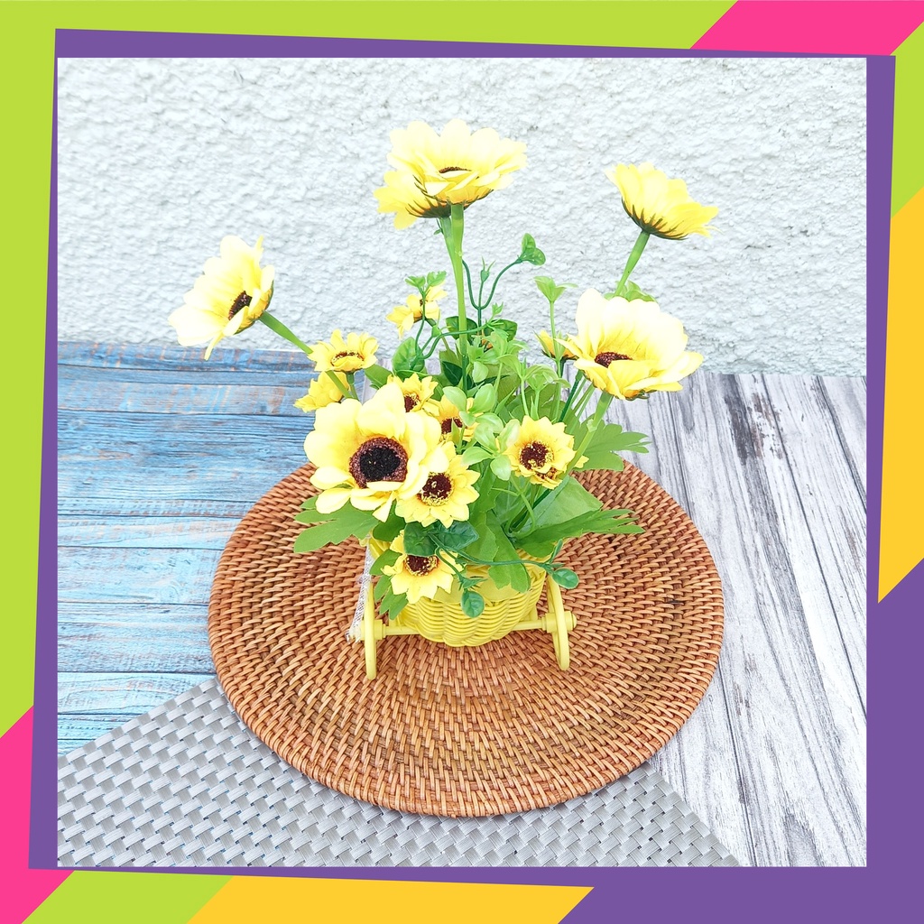 1555 / Pot bunga sepeda plastik + bunga matahari premium / Sunflower Artificial flower