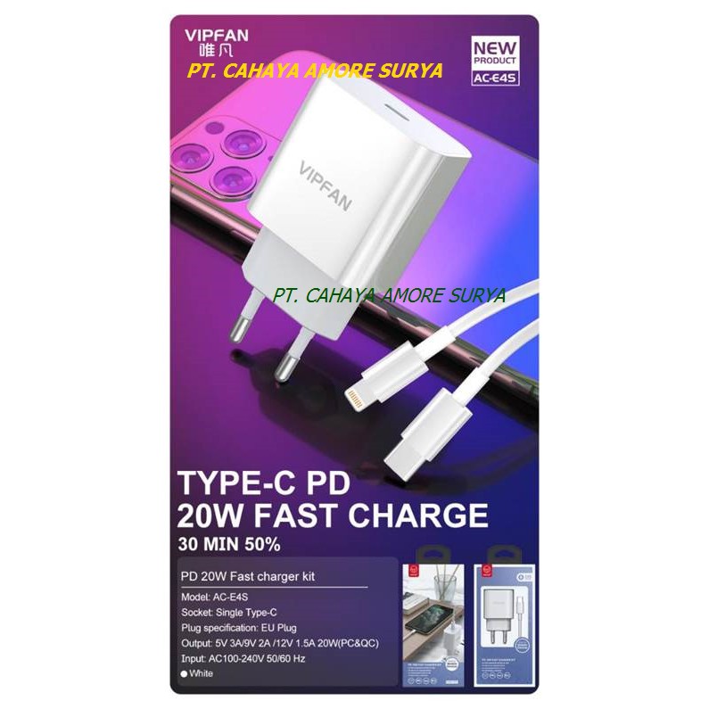 VIPFAN CAS/Charger type-C AC-E4S TypeC to Lightning/TypeC FAST CHARGING 20W 3A Support ALL HP Iphone