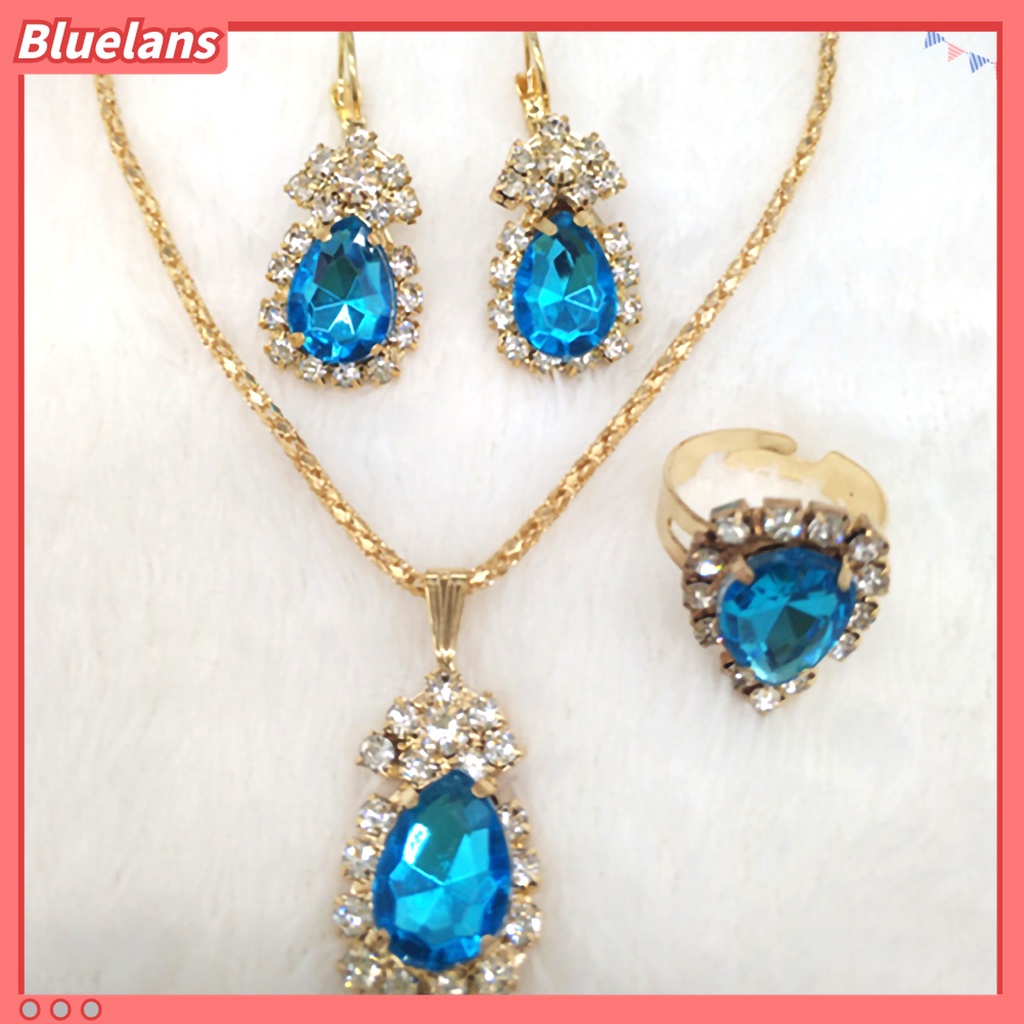 3pcs / Set Kalung Anting Cincin Liontin Water Drop Berlian Imitasi Bahan Alloy Warna Cerah Untuk Aksesoris