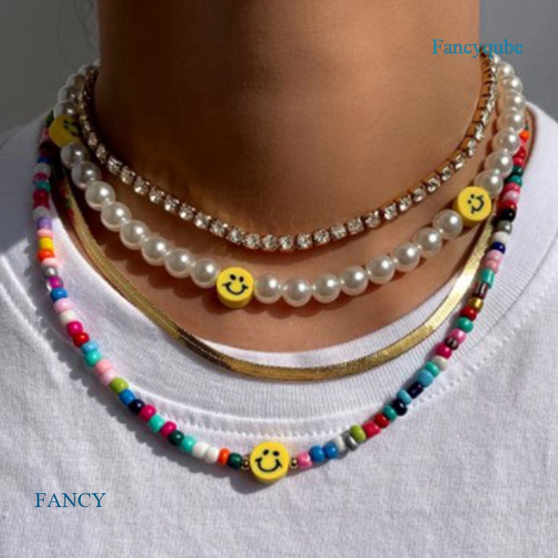 Kalung Choker Rantai Manik-Manik Mutiara Multilayer Bahan Akrilik Warna Pelangi Gaya Bohemia Untuk Wanita