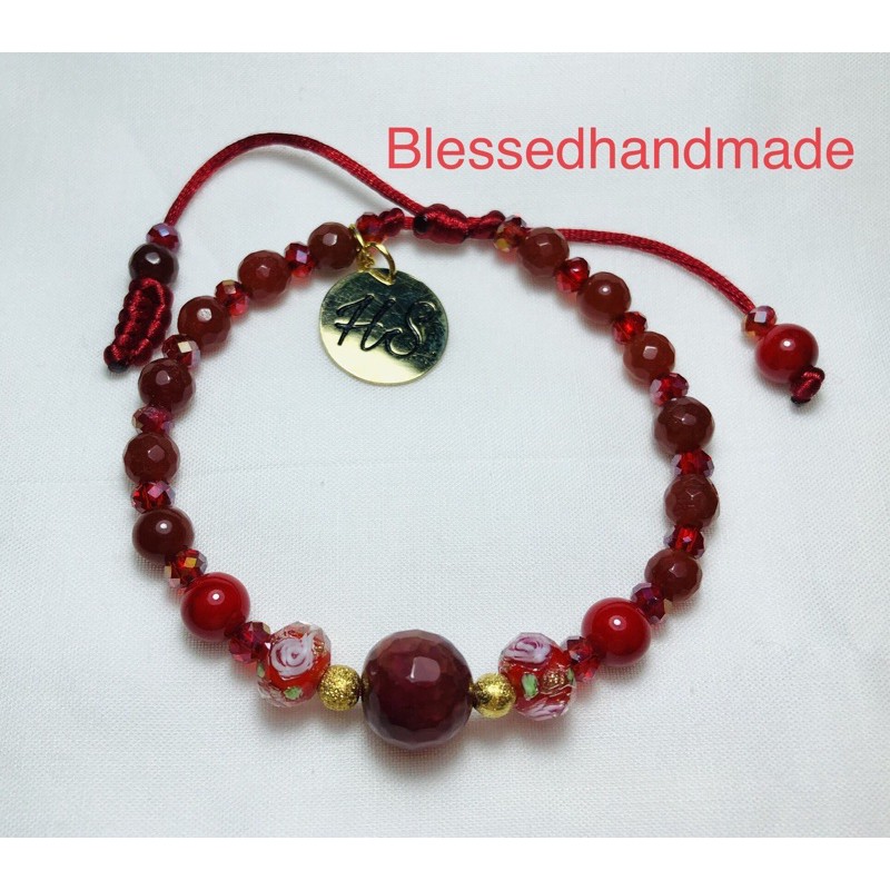 Gelang tali batu red coral dan kristal bunga