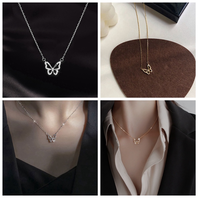 Kalung Liontin Kupu-Kupu Bahan Zirkon Warna Rose Gold Untuk Wanita