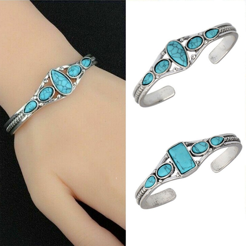 Gelang Bangle Open Vintage Boho Desain Ukir Hollow Hias Batu Permata Turquoise Untuk Wanita