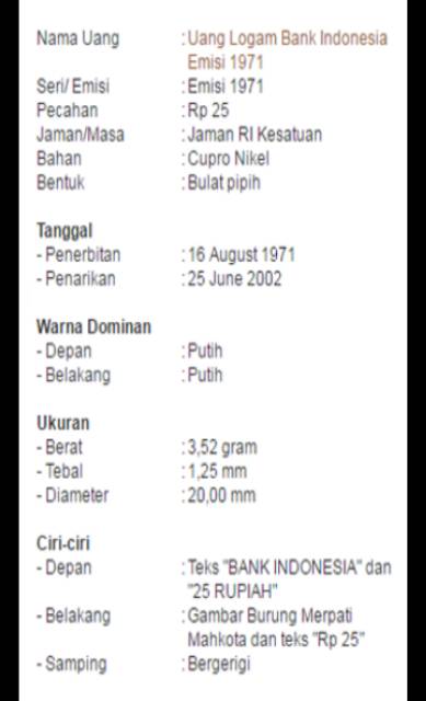 25 Rupiah Tahun 1971 Burung Merpati Mahkota Uang Koin Kuno
