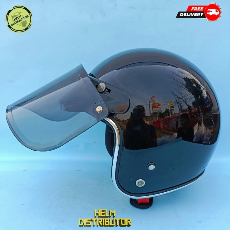 HELM BOGO DEWASA KACA DATAR, HITAM DAN BENING, LIS CHROME,KUALITAS PREMIUM UNTUK PRIA DAN WANITA COD